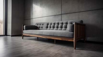 Canapé gris, sofa, adossé à un mur en béton, pièce vide, illustration graphique, ia générative