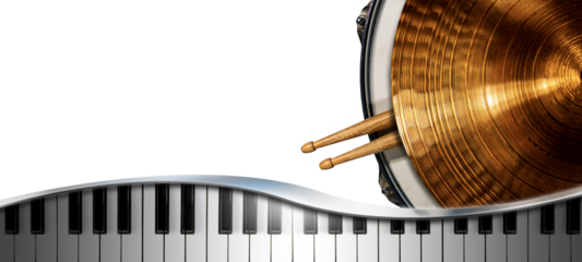 Musical instruments Isolated on white or transparent background with copy space, golden cymbal on a snare drum with two wooden drumsticks and a piano keyboard with reflections. Png.