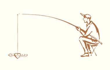 Vector drawing. The fisherman catches the heart