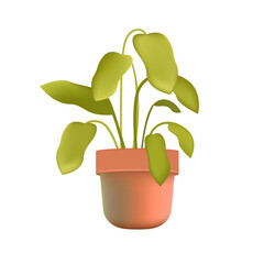 Plant with big green leaves growing in brown pot 3D illustration. Cartoon drawing of flower for home or office in 3D style on white background. Nature, houseplants, botany, decor concept