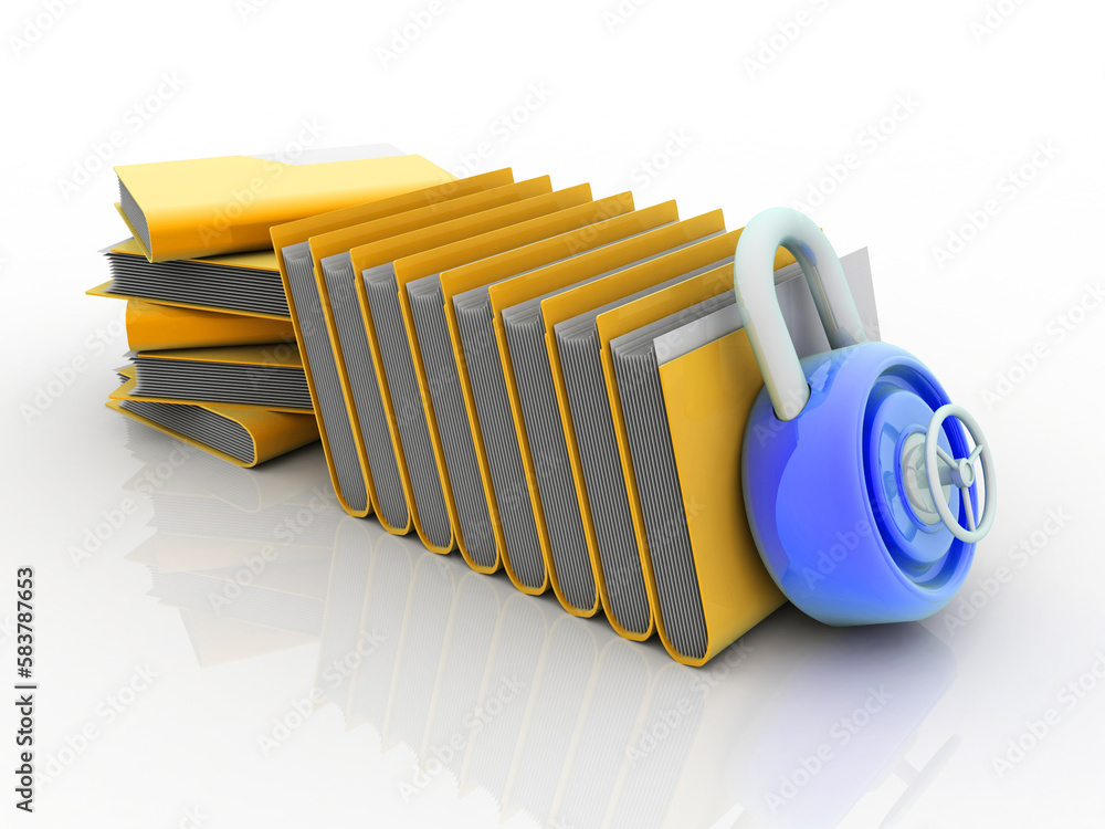 Poster 3d rendering yellow folder and lock. data security concept