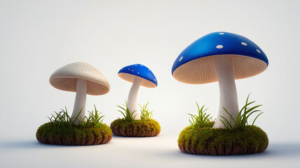 ilustration of group of white blue mushrooms with some grass on white isolated background, generative AI