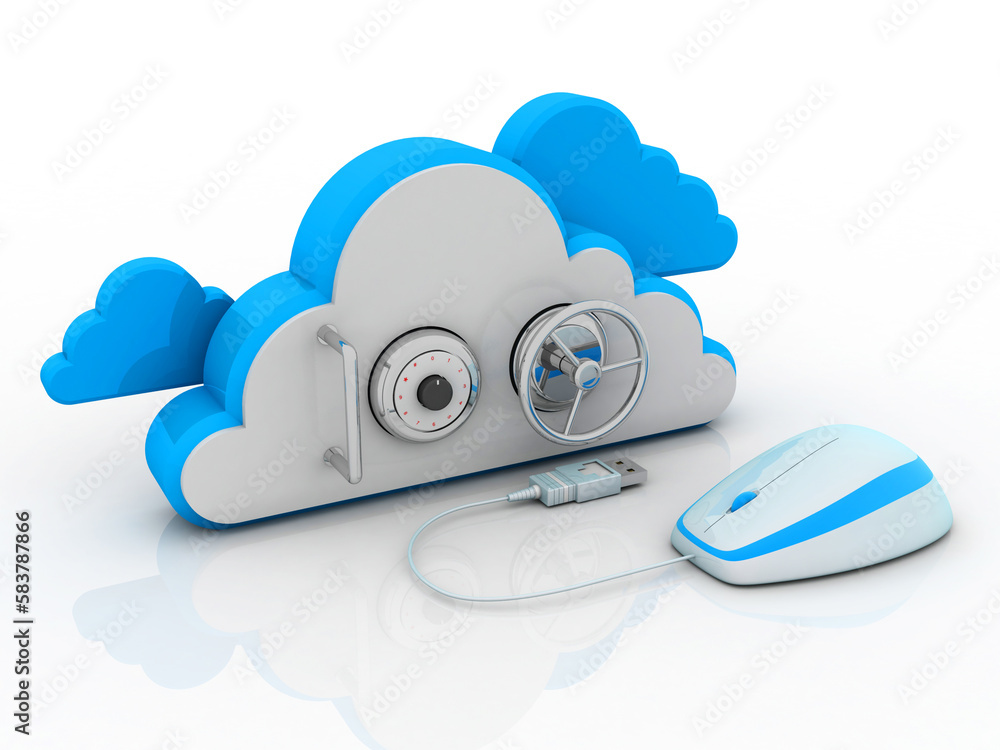 Poster 3d rendering cloud lock connected computer mouse