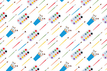 Tools for coloring elements. Background with art supplies. Design creative materials for workshops banner, card. Vector