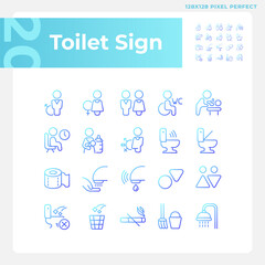 Toilet sign pixel perfect gradient linear vector icons set. Public restroom marking symbols. Water closet hygiene. Thin line contour symbol designs bundle. Isolated outline illustrations collection
