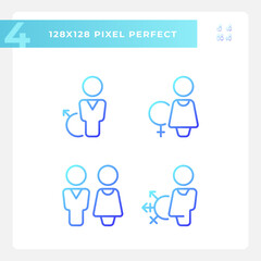 Toilets for different gender groups pixel perfect gradient linear vector icons set. WC in public place. Thin line contour symbol designs bundle. Isolated outline illustrations collection