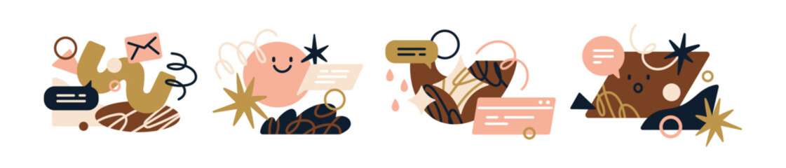 Abstract creative shapes, messages, modern geometric elements compositions in doodle trendy style. Marketing and business communication concept. Flat vector illustrations isolated on white background