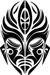 Vector tattoo sketch of a Polynesian god mask, black and white.