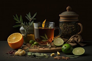 Indulge in a moment of relaxation with a warm and fragrant cup of herbal tea, featuring the ingredients on display for a beautiful and aromatic experience. Generated by AI.