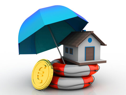 
3D illustration gold coin in euro currency symbol with home in life belt protection umbrella