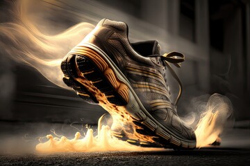 A dynamic action shot featuring a pair of high-performance running shoes, designed with advanced cushioning and support technologies to enhance your running experience. Generated by AI.