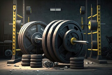 A set of weightlifting equipment, including a squat rack, a weight machine, and free weights, set against the backdrop of a bright and modern gym. Generated by AI.