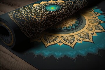 This yoga mat is adorned with a beautiful mandala print, perfect for bringing a touch of spiritual energy to your practice. Generated by AI.