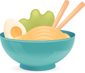 Tasty ramen in blue bowl 3D illustration. Cartoon drawing of delicious Asian street food or ramen with egg and chopsticks in 3D style on white background. Fast food, Asian cuisine concept