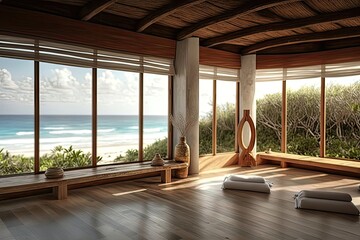 A peaceful yoga retreat located on a secluded beach, surrounded by lush vegetation and offering breathtaking ocean views. Generated by AI.