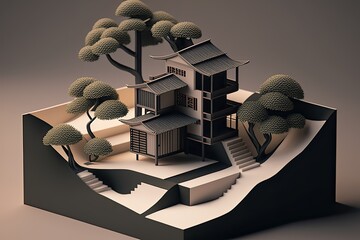 Japanese House With Minimal 3D Isometric Background