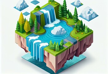 isometric earth day, waterfall, clouds, cartoon style Generative AI