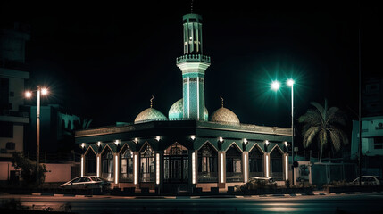 Fototapeta na wymiar A Mosque Glowing in the Nighttime During Ramadan