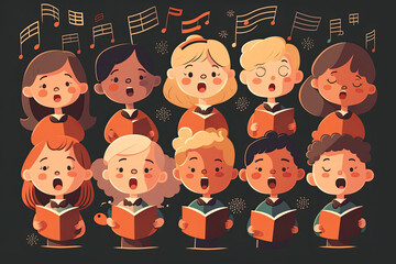 illustration of children singing song together . girls and boys group singers in choir chorus from music school, generative AI - obrazy, fototapety, plakaty