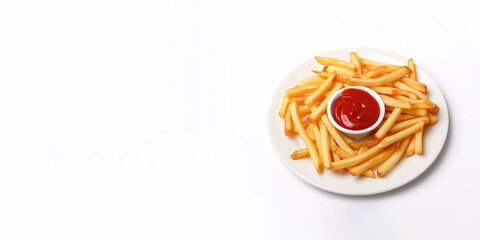 Top view a plate of crispy french fries with ketchup isolated on white background with copy space. Created with Generative AI Technology