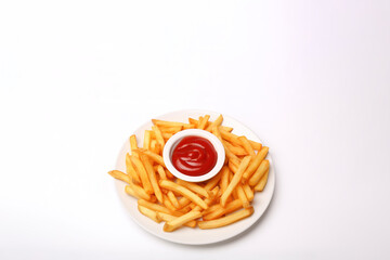 Top view a plate of crispy french fries with ketchup isolated on white background with copy space. Created with Generative AI Technology