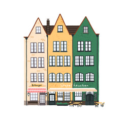 Old Europe city houses. Historical German architecture facades. Cute cozy European Dutch buildings, vintage-styled exterior with stores and cafes. Flat vector illustration isolated on white background