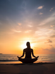 Panoramic view girls practicing yoga on the beach with open arms looking ocean