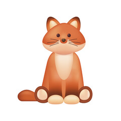 Cute fox character as kids toy 3D illustration. Cartoon drawing of adorable orange forest animal as mascot or gift in 3D style on white background. Wildlife, nature, childhood concept