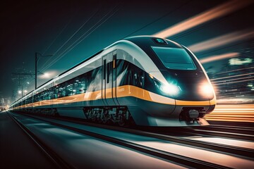 Fototapeta na wymiar Modern train at high speed at night. Electric passenger train drives at high speed among urban landscape. Railroad background, Generative AI