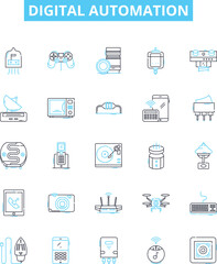 Digital automation vector line icons set. Digital, Automation, Robotics, AI, Machine-Learning, Objects, Control illustration outline concept symbols and signs - obrazy, fototapety, plakaty