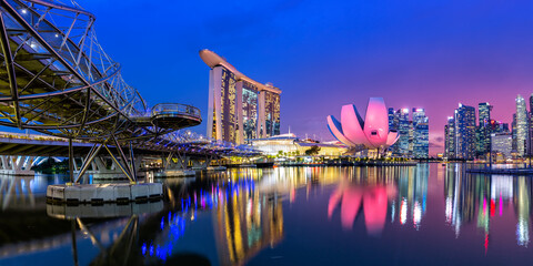Marina Bay Skyline and Helix Bridge panorama at twilight in Singapore