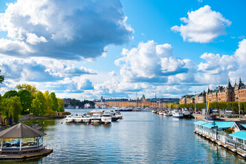 Beautiful cityscape of Stockholm historical center from Baltic sea waterside.