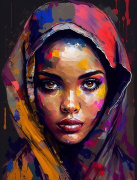 beautiful Morrocan woman colorful portrait painting - "AI Illustration".