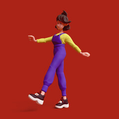 Fototapeta na wymiar Cute excited smiling positive funny asian colorful active brunette k-pop girl wears fashion clothes purple overalls, yellow t-shirt, black sneakers walks has fun, rejoices. 3d render on red backdrop