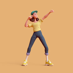 Cute kawaii positive excited asian colorful active k-pop girl in fashion clothes blue pants, yellow t-shirt, green cap stands in fighting pose, hands in fist, strong gesture sports training. 3d render