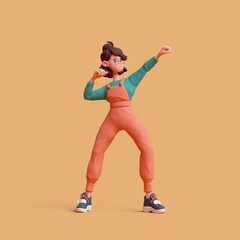 Cute kawaii excited asian colorful active k-pop girl in fashion clothes orange overalls green t-shirt stands in fighting pose hands in fist strong gesture sports training. 3d render on yellow backdrop