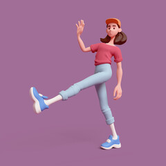 Cute kawaii positive excited asian colorful active brunette k-pop girl in fashion casual clothes blue pants, red t-shirt walks in humorous funny pose one leg up have fun. 3d render on lilac backdrop