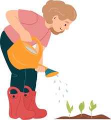 Happy small girl in rubber boots watering planting in spring Kids working in garden helping adults. Vector illustration for environment protection nature care volunteering education concepts