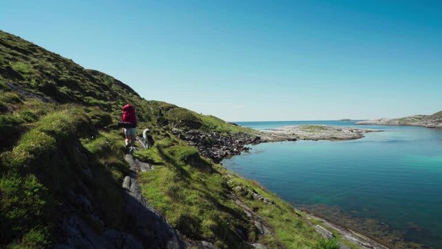 Backpacker Trekking On The Mountain Edge With Husky Dog In Lovund Island, Norway. Wide Shot