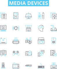 Media devices vector line icons set. Devices, Media, Television, Radios, Speakers, Printer, Computer illustration outline concept symbols and signs