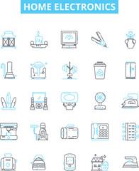 Home electronics vector line icons set. Fridge, TV, Stove, Washer, Dryer, Blender, Toaster illustration outline concept symbols and signs