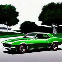 green car on the road. Generative AI.
