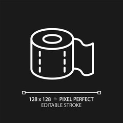 Toilet paper pixel perfect white linear icon for dark theme. Supplies for personal hygiene. Tissue material. Restroom accessory. Thin line illustration. Isolated symbol for night mode. Editable stroke