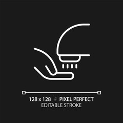 Hand dryer pixel perfect white linear icon for dark theme. Contactless technology for public toilet. Hot air in restroom. Thin line illustration. Isolated symbol for night mode. Editable stroke