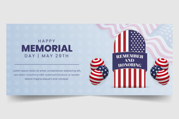 US Memorial Day May 29th horizontal banner with tombstone and flag pattern illustration