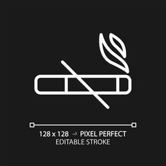 No smoking pixel perfect white linear icon for dark theme. Cigarettes ban sign. Important rule of toilet room usage. Thin line illustration. Isolated symbol for night mode. Editable stroke