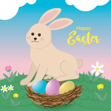 happy easter vector image with holiday rabbit and eggs in a nest