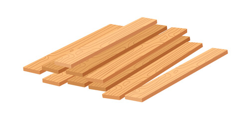 Wood planks pieces, pile. Wooden timber, long boards heap. Construction natural material, hardboard for building. Flat vector illustration isolated on white background