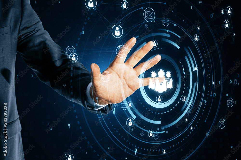 Poster Close up of business man hand using glowing people icons hologram. Creative global structure networking and data exchanges customer connection on dark background.