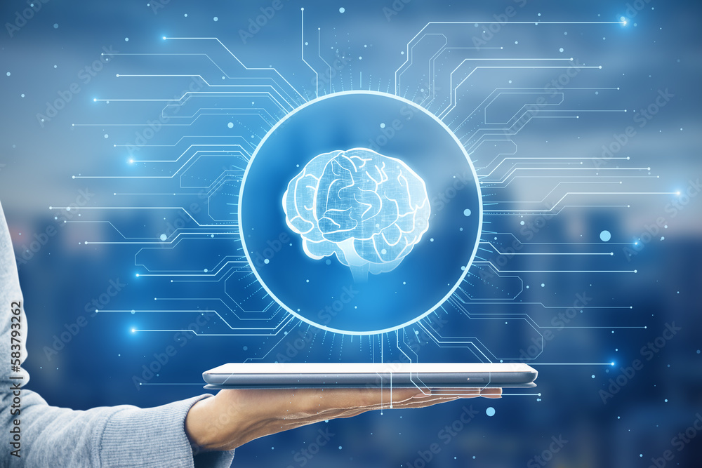 Poster close up of female hand holding mobile phone with glowing circuit brain hologram on blurry city back
